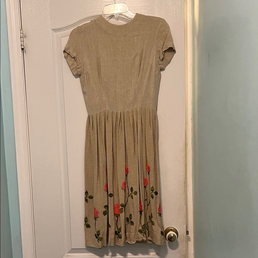 Vintage Linen Garden Party Dress with Roses & Vines Embroidery